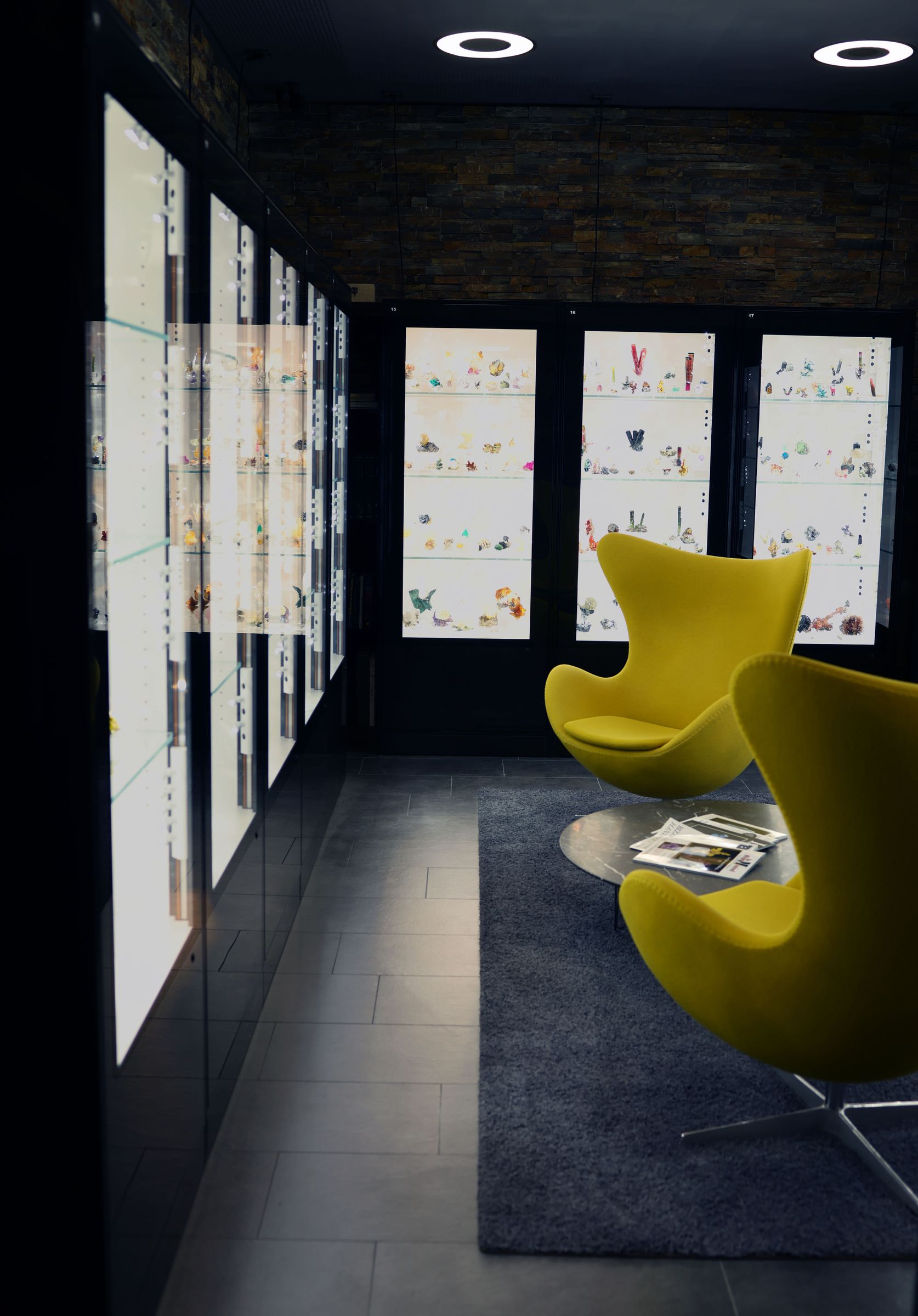 The private museum: showcases along the walls and two yellow chairs