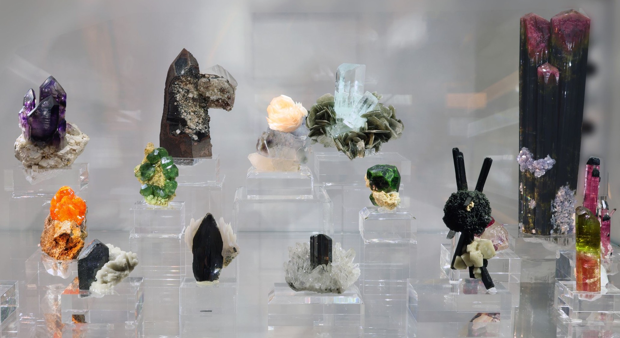 Mineral specimens on acrylic bases in an illuminated showcase